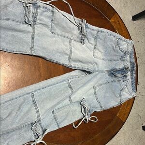 Light Blue Cargo Jeans with Drawstring Details